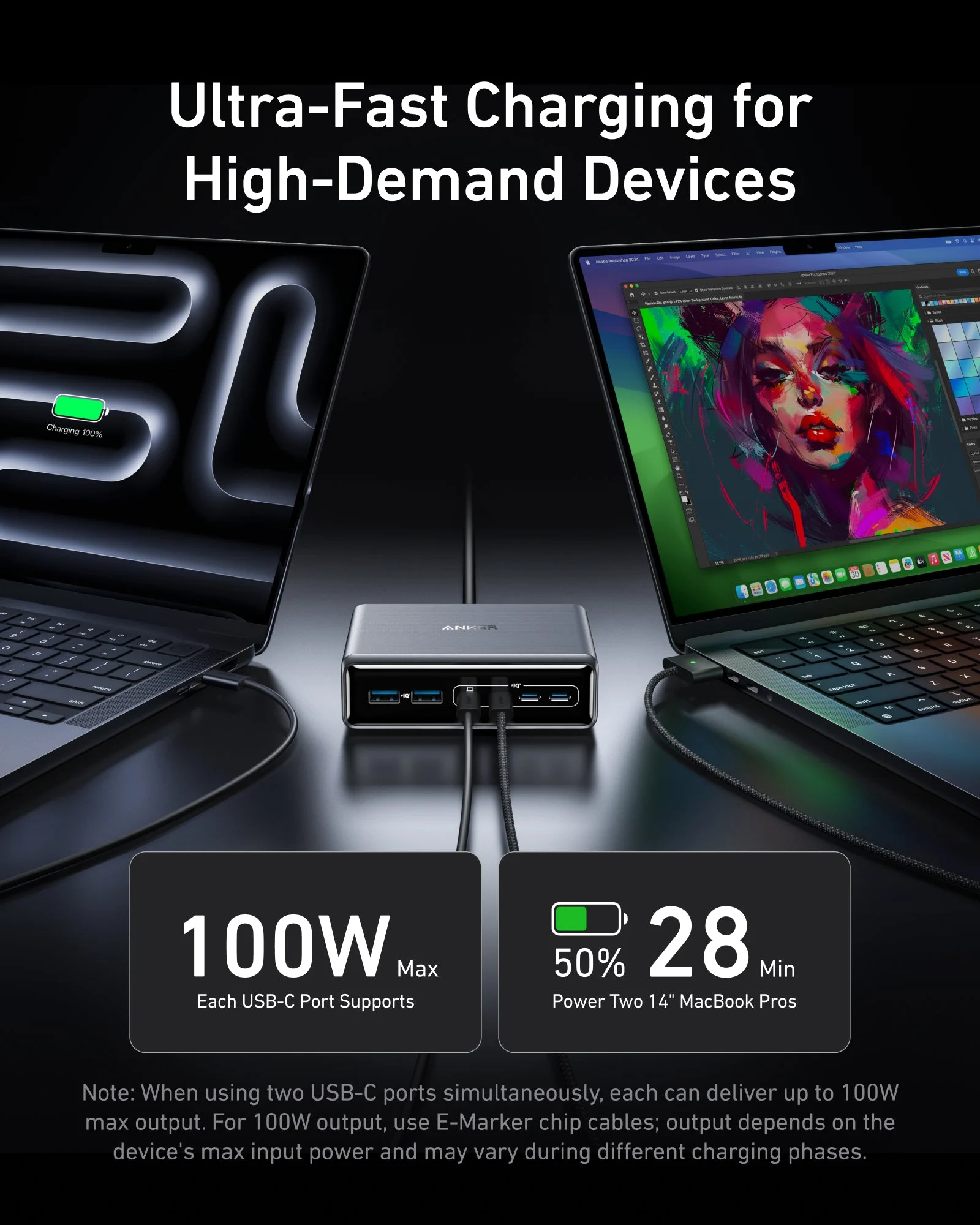 Anker Prime 200W desktop charger connected to two laptops