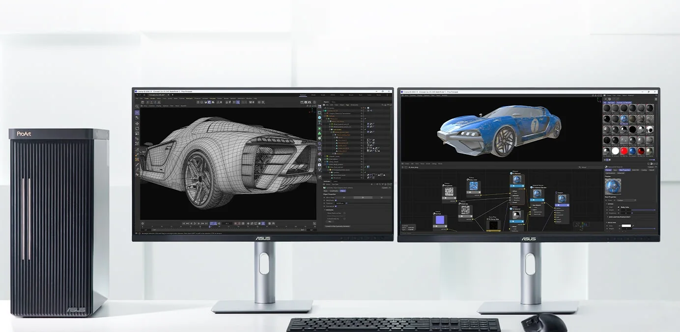 Two ASUS ProArt PA27JCV monitors connected in a creator workstation