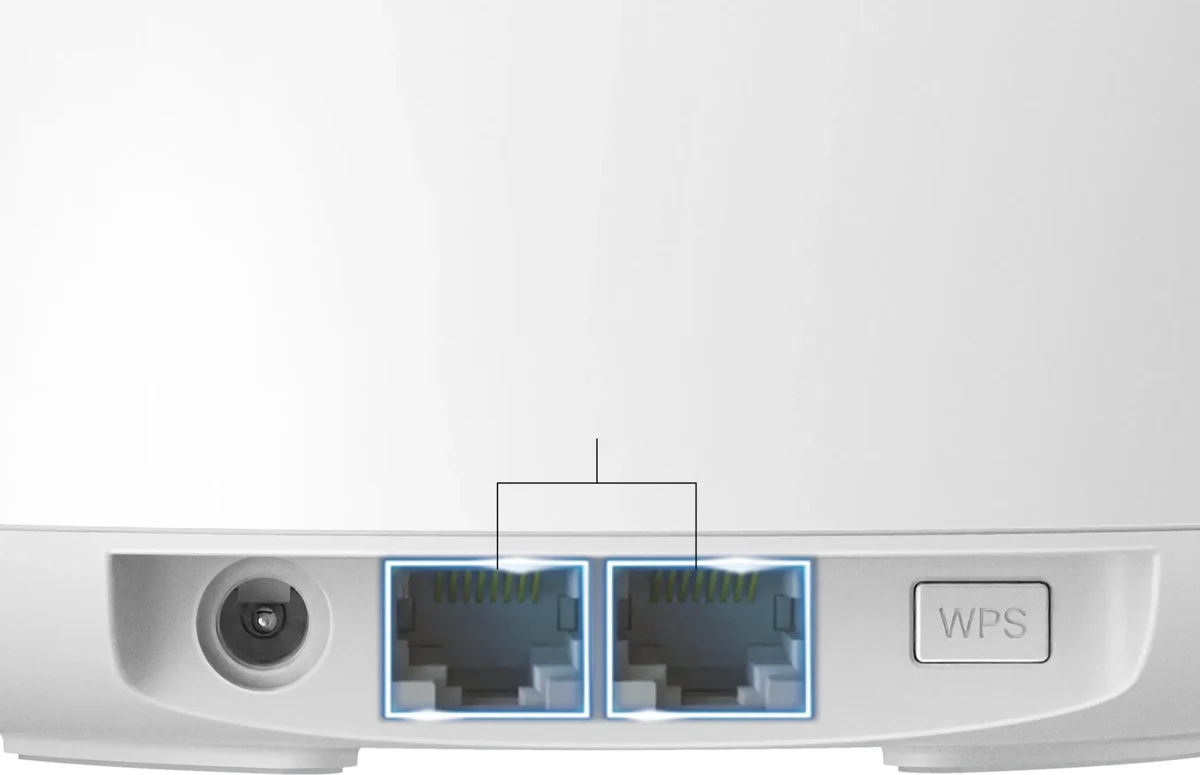Rear of a TP-Link Deco 7 BE25 showing its two Ethernet ports and power connection