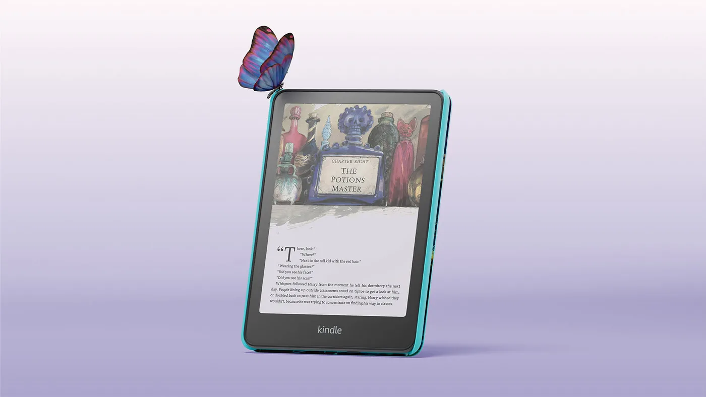 Kindle Colorsoft displaying an illustrated book page with a butterfly