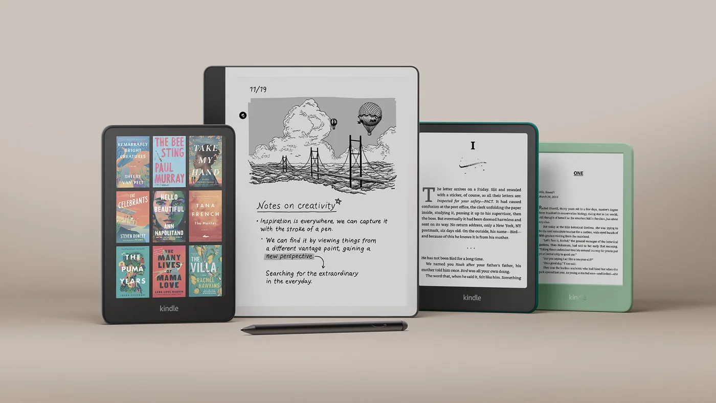 Amazon Kindle Colorsoft, Kindle Scribe, Kindle Paperwhite, and Kindle in one press photograph