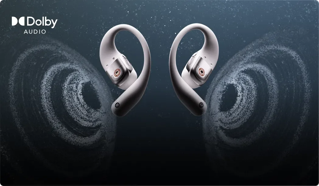 Shokz OpenFit 2+ earbuds in an official Dolby Audio graphic
