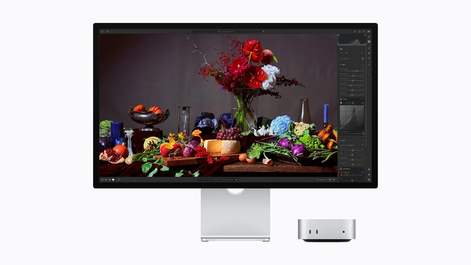 2026 Apple Studio Display showing Adobe Lightroom beside a Mac mini