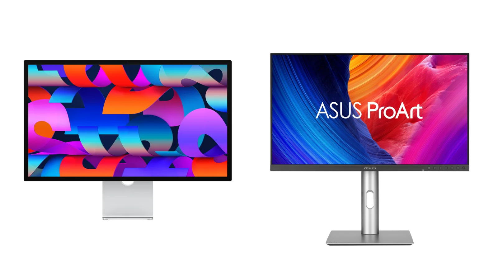 Apple Studio Display and ASUS ProArt PA27JCV monitors on a white background