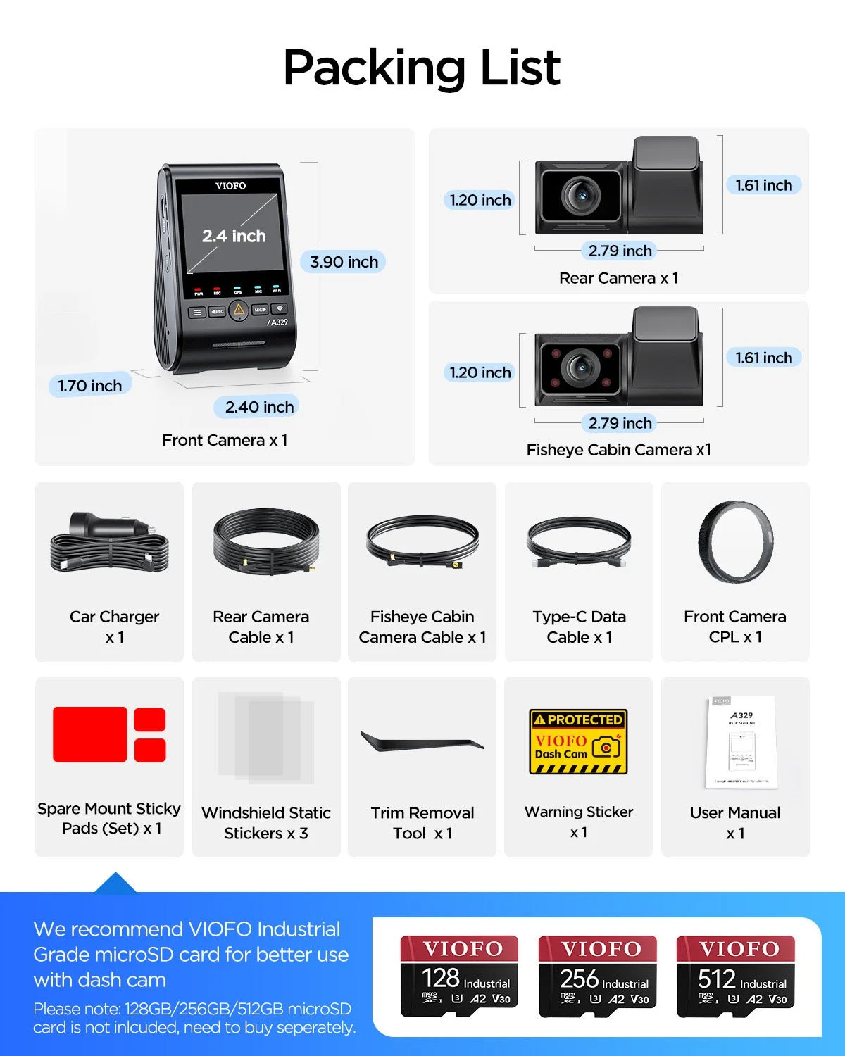 VIOFO A329S 3CH cameras, cables, front CPL, and installation accessories