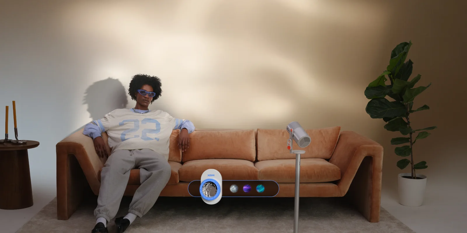 XGIMI MoGo 4 Laser on its integrated stand in a living room